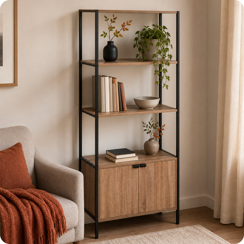 Black Bookcase Shelf with 2 Shelves and Lower Cabinet 68x35x176cm