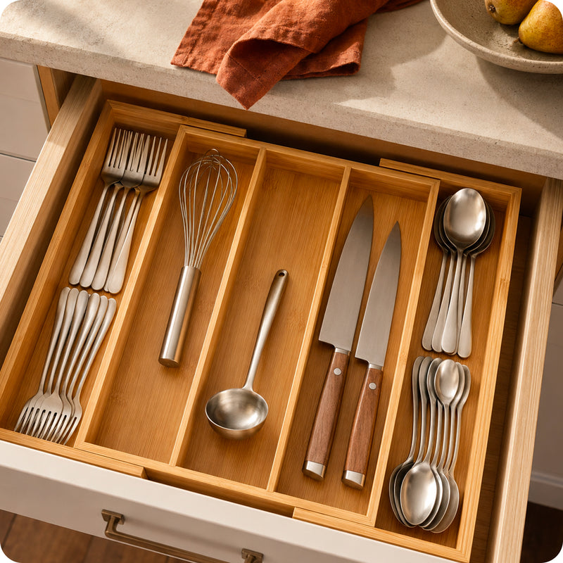 Expandable Bamboo Cutlery Organizer with 5 Space-Saving Multipurpose Compartments