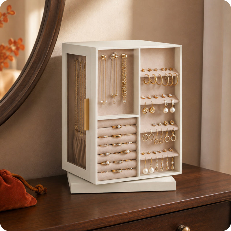 360° rotating jewelry organizer with drawers, hooks and velvet lining