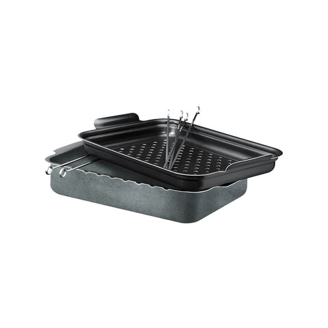 Double Roasting Pan with Skewers, Stone Effect