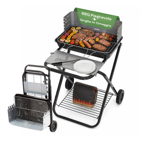 Folding Black Enameled Steel Barbecue with Wheels 60x80x84cm