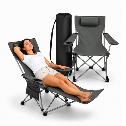 Folding and Reclining Camping Chair with a 150kg Capacity - Steel Frame and Oxford Fabric with Storage Pockets and Carry Bag