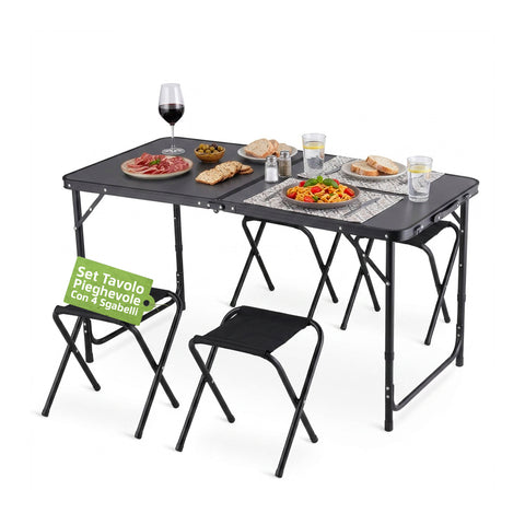 Folding Camping Table Set with 4 Stools - Lightweight and Sturdy Aluminum Frame - Table Adjustable to 3 Heights - Weight Capacity 50kg/100kg - Space-Saving Suitcase Design