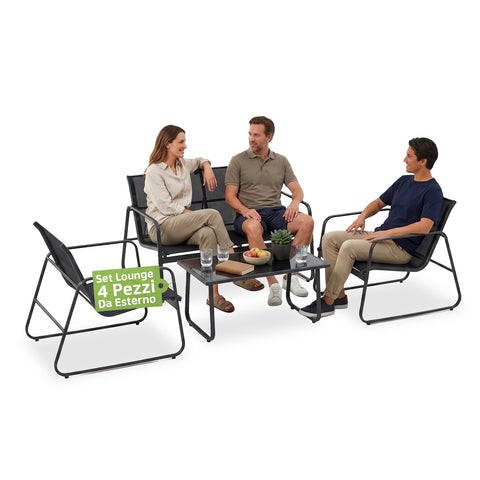 4-Piece Outdoor Lounge Set - Garden Furniture Set with 2 Chairs, Loveseat and Coffee Table - Iron Frame and Textilene Seat - Capacity 240kg/120kg