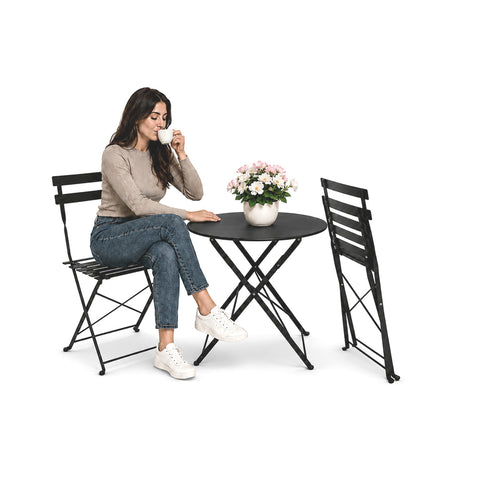 Garden Set with Round Folding Iron Table and 2 Chairs - ø 60cm Table and 2 Space-Saving Chairs - Weight Capacity 150kg/100kg