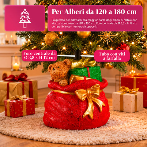 Decorative Christmas tree base, 10 designs, made of iron and magnesium, universal attachment, for trees up to 210 cm, 2 models with LED lights