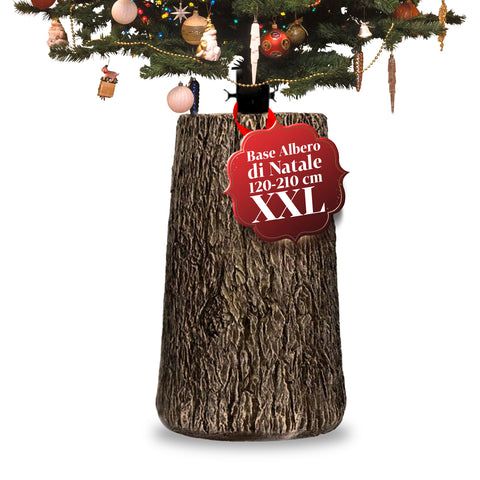 Christmas tree base shaped like a tree trunk, bark effect, 2 finishes, dimensions 33,5x52,5 cm, for trees up to 240 cm, universal attachment