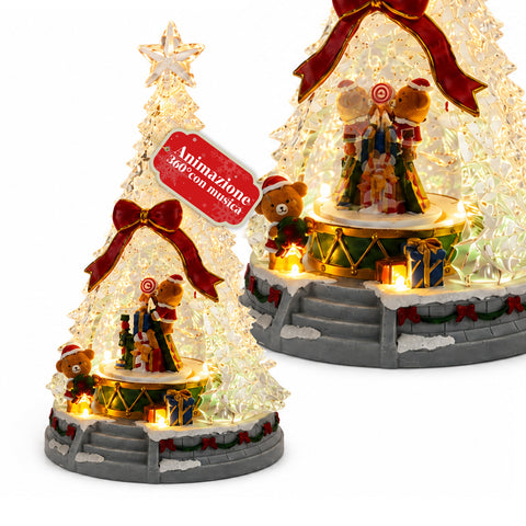 JoyTree Luminous Christmas Tree with Music and 360° Animation, LED Lights, Scene with Teddy Bears and Nutcrackers, Dual USB Power Supply, 32.5 cm