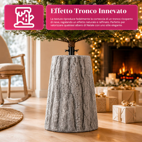 Christmas tree base shaped like a tree trunk, bark effect, 2 finishes, dimensions 33,5x52,5 cm, for trees up to 240 cm, universal attachment
