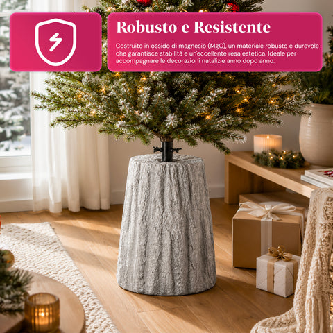 Christmas tree base shaped like a tree trunk, bark effect, 2 finishes, dimensions 33,5x52,5 cm, for trees up to 240 cm, universal attachment