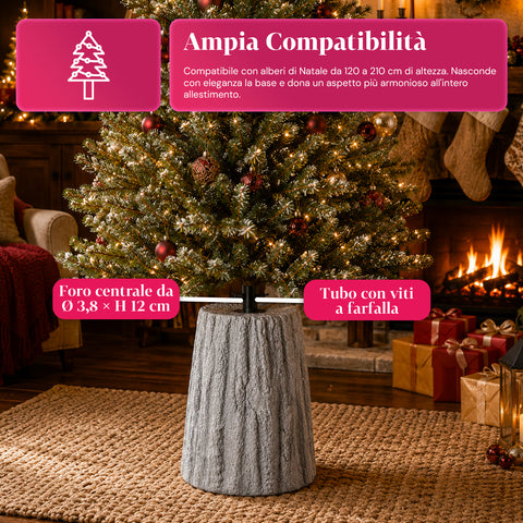 Christmas tree base shaped like a tree trunk, bark effect, 2 finishes, dimensions 33,5x52,5 cm, for trees up to 240 cm, universal attachment