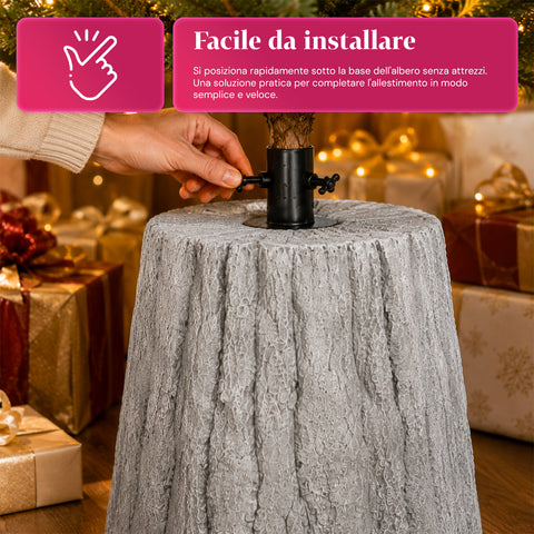 Christmas tree base shaped like a tree trunk, bark effect, 2 finishes, dimensions 33,5x52,5 cm, for trees up to 240 cm, universal attachment