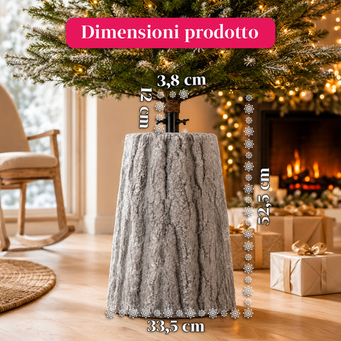 Christmas tree base shaped like a tree trunk, bark effect, 2 finishes, dimensions 33,5x52,5 cm, for trees up to 240 cm, universal attachment