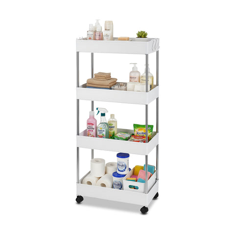 White four-tier multipurpose space-saving cart for the kitchen and bathroom with hooks