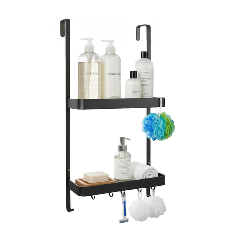 Black hanging shower bathroom shelf with 2 tiers and hooks