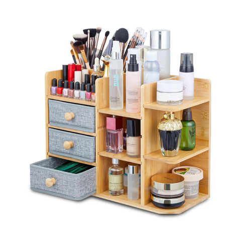 Bamboo Organizer Shelf with 3 Drawers and Adjustable Shelves