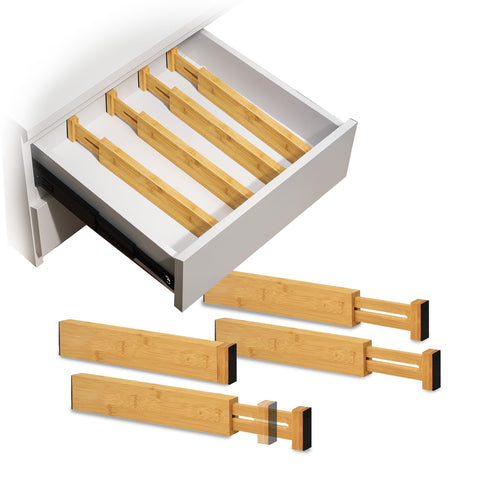 Adjustable Bamboo Drawer Dividers with Spring - Set of 4
