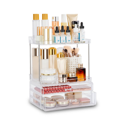 Makeup Organizer with 4 Shelves and 2 Transparent Space-Saving Drawers