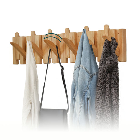Wooden Wall-Mounted Coat Rack with 6 Foldaway Retractable Hooks