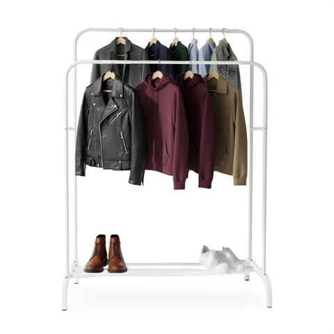 White Metal Double-Rail Clothes Rack with Shoe Shelf