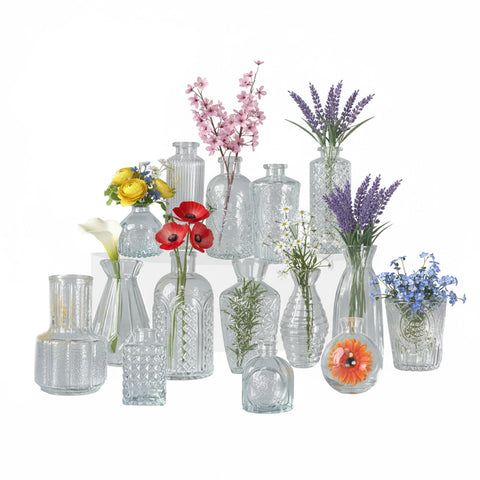 Set of 15 Transparent Glass Jars for Flowers and Centerpieces in Various Shapes and Sizes