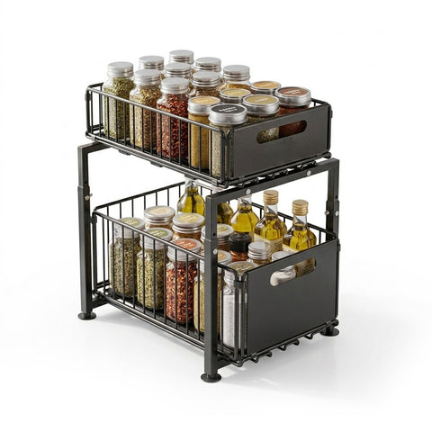 Space-Saving Metal Organizer with 2 Sliding Drawers and Adjustable Height