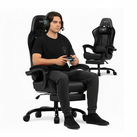 Reclining Gaming Chair with Retractable Footrest, Lumbar Cushion, and Headrest