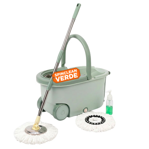 360° Spin Mop Kit with 14L Bucket - 46x27x22cm and Stainless Steel Spinner – Includes 2 Microfiber Heads, Soap Dispenser and Telescopic Handle – Universal Floor Cleaning Set with Wheels and Drain