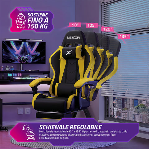 Reclining Gaming Chair with Retractable Footrest, Lumbar Cushion, and Headrest