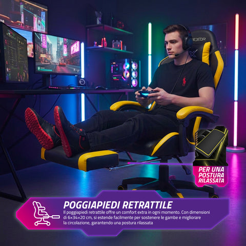 Reclining Gaming Chair with Retractable Footrest, Lumbar Cushion, and Headrest