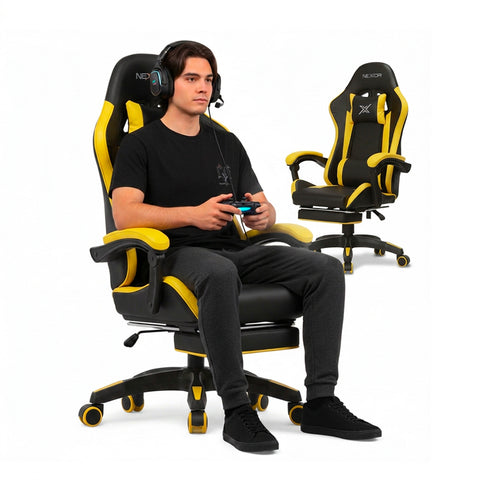 Reclining Gaming Chair with Retractable Footrest, Lumbar Cushion, and Headrest