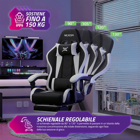 Reclining Gaming Chair with Retractable Footrest, Lumbar Cushion, and Headrest