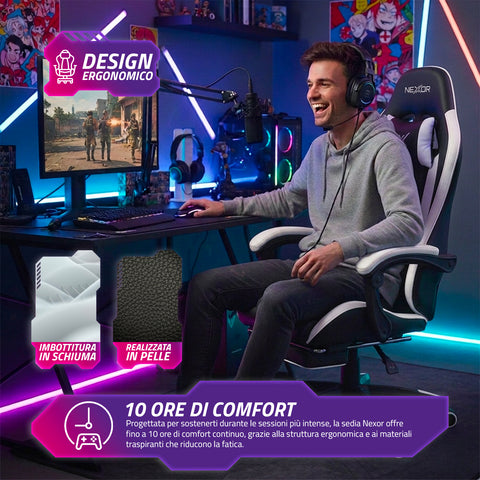 Reclining Gaming Chair with Retractable Footrest, Lumbar Cushion, and Headrest