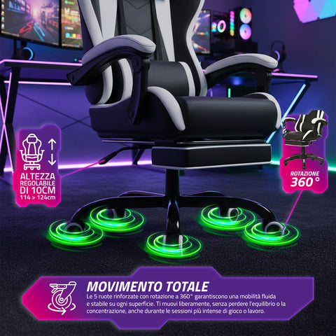 Reclining Gaming Chair with Retractable Footrest, Lumbar Cushion, and Headrest