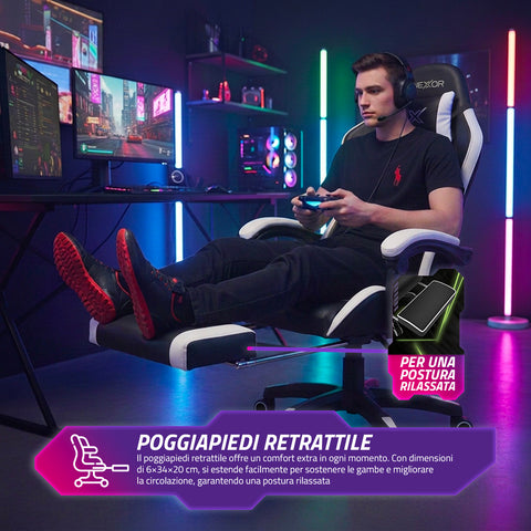 Reclining Gaming Chair with Retractable Footrest, Lumbar Cushion, and Headrest
