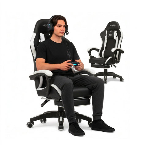 Reclining Gaming Chair with Retractable Footrest, Lumbar Cushion, and Headrest