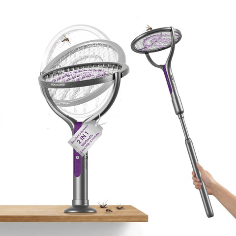 2-in-1 Electric Mosquito Swatter - Extendable Telescopic Handle 79-106cm and 90° Rotating Head - 4000V 5-Layer Grid, 365nm UV Light and 1800mAh USB-C Battery - Ceiling Insect Killer