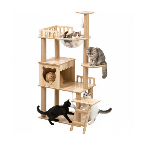 Multi-Level Cat Scratching Tree with Bed and Hammock, H135cm