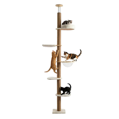 Adjustable Ceiling-Mounted Cat Scratching Tree 260-300 cm in Wood and Jute with Dome Hammock, Bed and Platforms