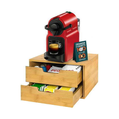 Bamboo Coffee Capsule/Pod Holder with 2 Multipurpose Space-Saving Drawers