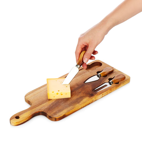 Set of 3 Cheese-Tasting Utensils with Acacia Wood Cutting Board