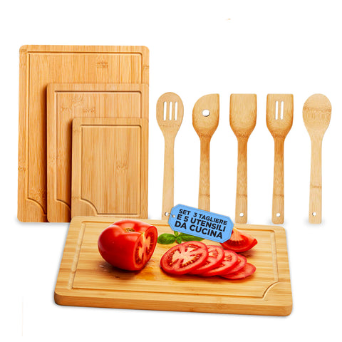 Bamboo Cutting Board Set - 3 Cutting Boards + 5 Kitchen Utensils Included