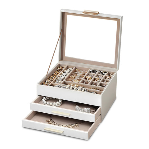 Three-tier jewelry organizer with glass lid and 2 drawers