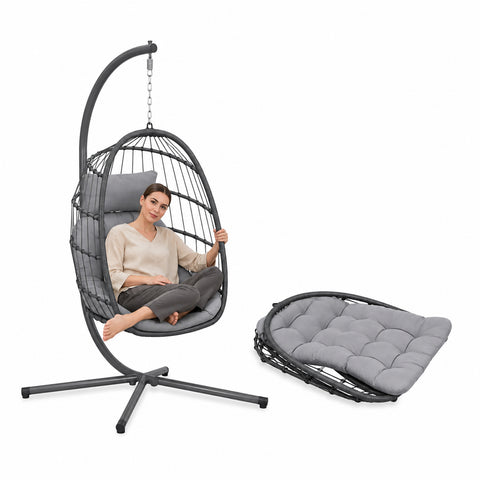 Foldable Hanging Garden Chair with Padded Cushions, Made of Galvanized Steel with Rattan Effect - Load Capacity 160kg