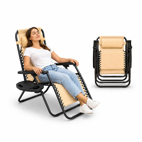 Folding Garden Chair with Side Tray – Weight Capacity 120kg – Iron and Teslin Fabric Frame