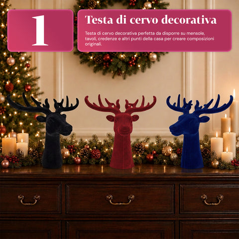 Decorative Velvet-Effect Deer Head 32x20x28h cm | Modern Design Ornament in 6 Colors for Home, Office, and Store