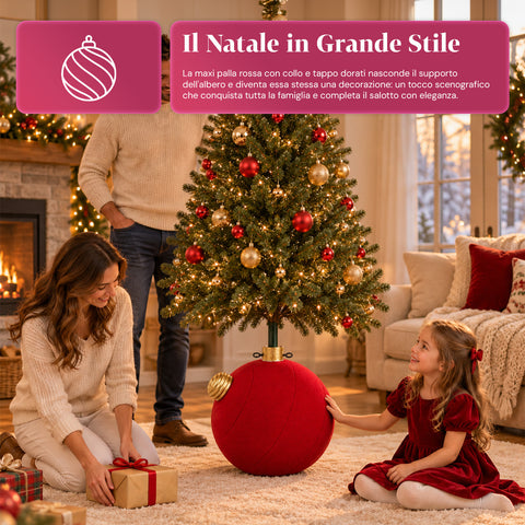 Giant Ball-Shaped Christmas Tree Base with Velvet Effect 41x41x44 cm for Trees up to 180 cm - Base Cover with Ø 4 cm Attachment, Burgundy Red or Green