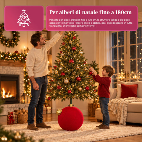 Giant Ball-Shaped Christmas Tree Base with Velvet Effect 41x41x44 cm for Trees up to 180 cm - Base Cover with Ø 4 cm Attachment, Burgundy Red or Green