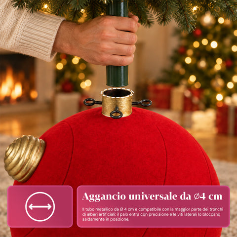 Giant Ball-Shaped Christmas Tree Base with Velvet Effect 41x41x44 cm for Trees up to 180 cm - Base Cover with Ø 4 cm Attachment, Burgundy Red or Green