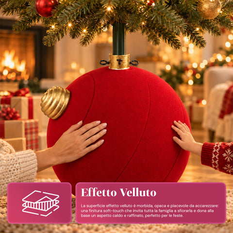 Giant Ball-Shaped Christmas Tree Base with Velvet Effect 41x41x44 cm for Trees up to 180 cm - Base Cover with Ø 4 cm Attachment, Burgundy Red or Green